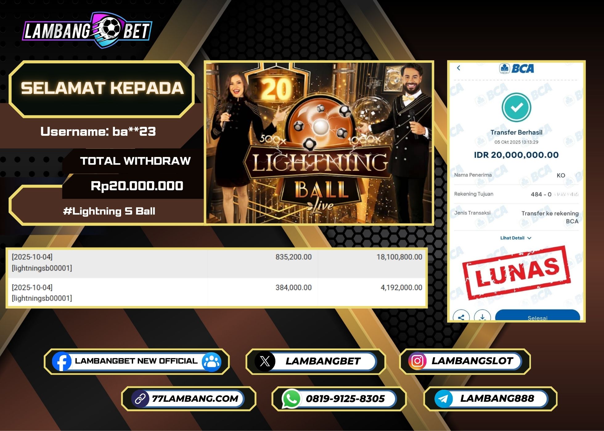 LAMBANGBET [5 OKTOBER 2025] JACKPOT LIVE CASINO Lightning S Ball "Rp20.000.000" LUNAS